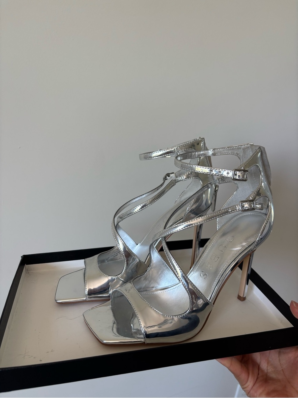 Guess Metallic Silver Strappy Stiletto Heels